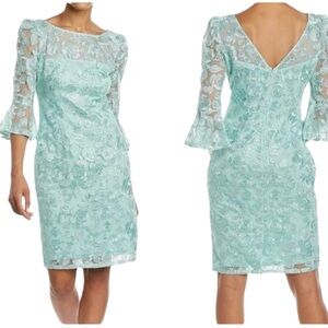 ADRIANNA PAPELL Rosie Embroidery Lace Sheath Dress Mint Elegant Dress Size 10